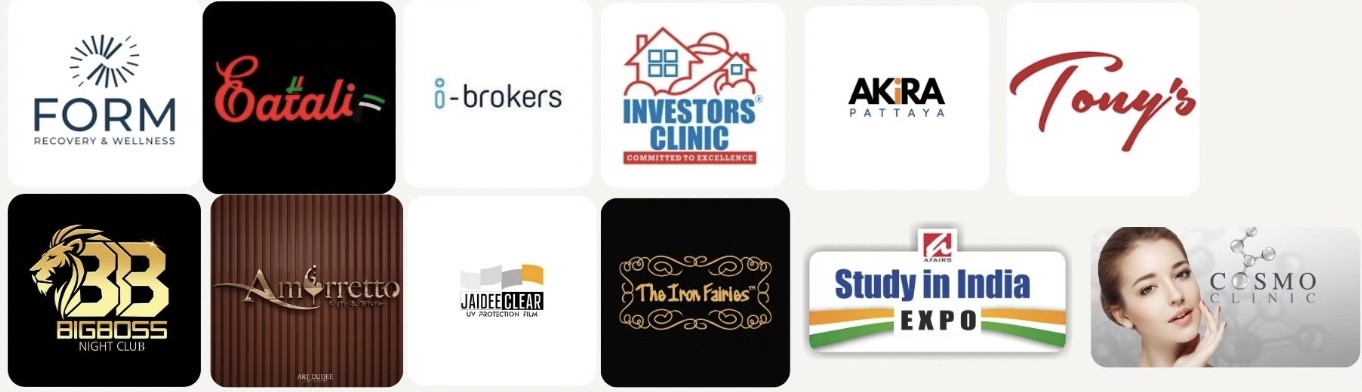 Locully clients — Form, Eatali, i-Brokers, Investors Clinic, Akira, Tony's, BigBoss, Amorretto, Jaidee Clear, The Iron Fairies, Study in India Expo, Cosmo Clinic